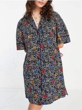 Topshop Black Floral Button-Front Shift Dress